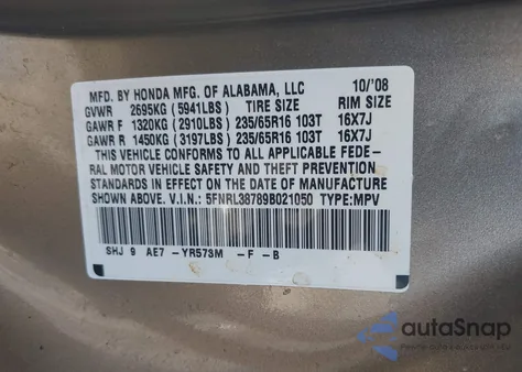 2009 Honda Odyssey Ex-L z USA, uszkodzony, nr VIN 5FNRL38789B021050